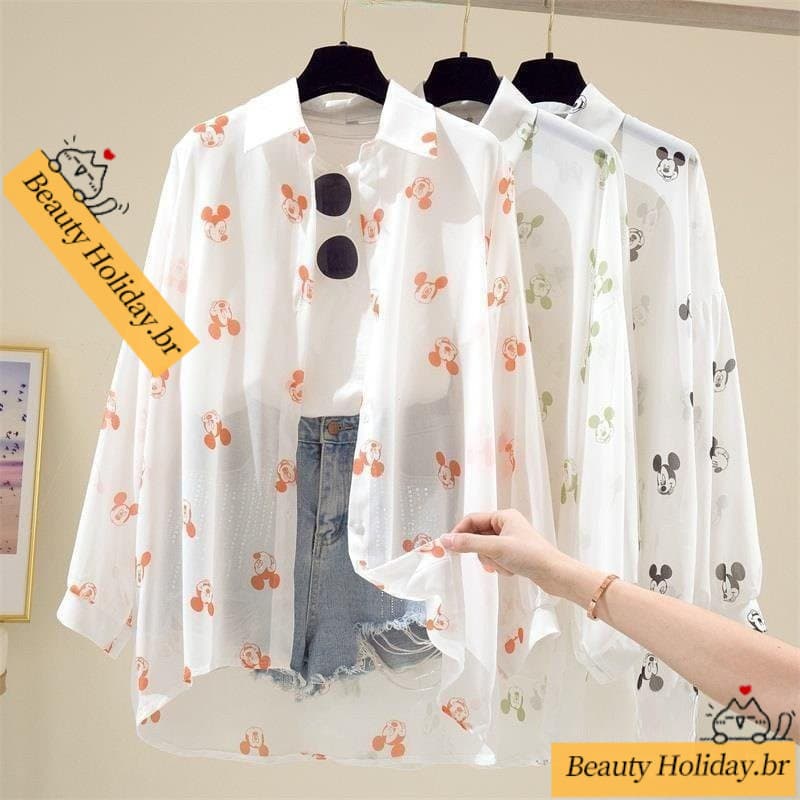 Camisa de Desenho Animado do Mickey, Nova Versão Coreana para Primavera e Verão, Protetor Solar Feminino de Manga Longa,