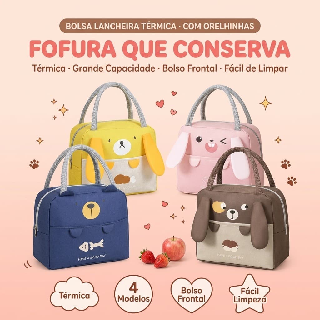 Bolsa Lancheira Térmica Porta Marmita Infantil | Isolamento Térmico | Design Fofo com Orelhinhas | Grande Capacidade