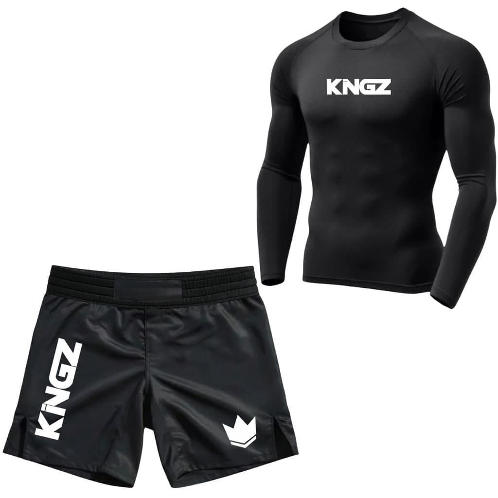 KIT BERMUDA E CAMISA MMA MUAY THAY JIU-JITSU UFC NO-GI TREINO LUTA RASH GUARD UV 50+