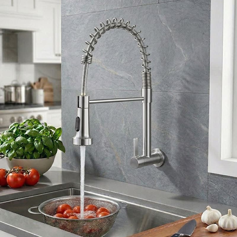 Torneira Cozinha Parede Inox 304 360° Spray Duplo Jato Gourmet Fria Prata