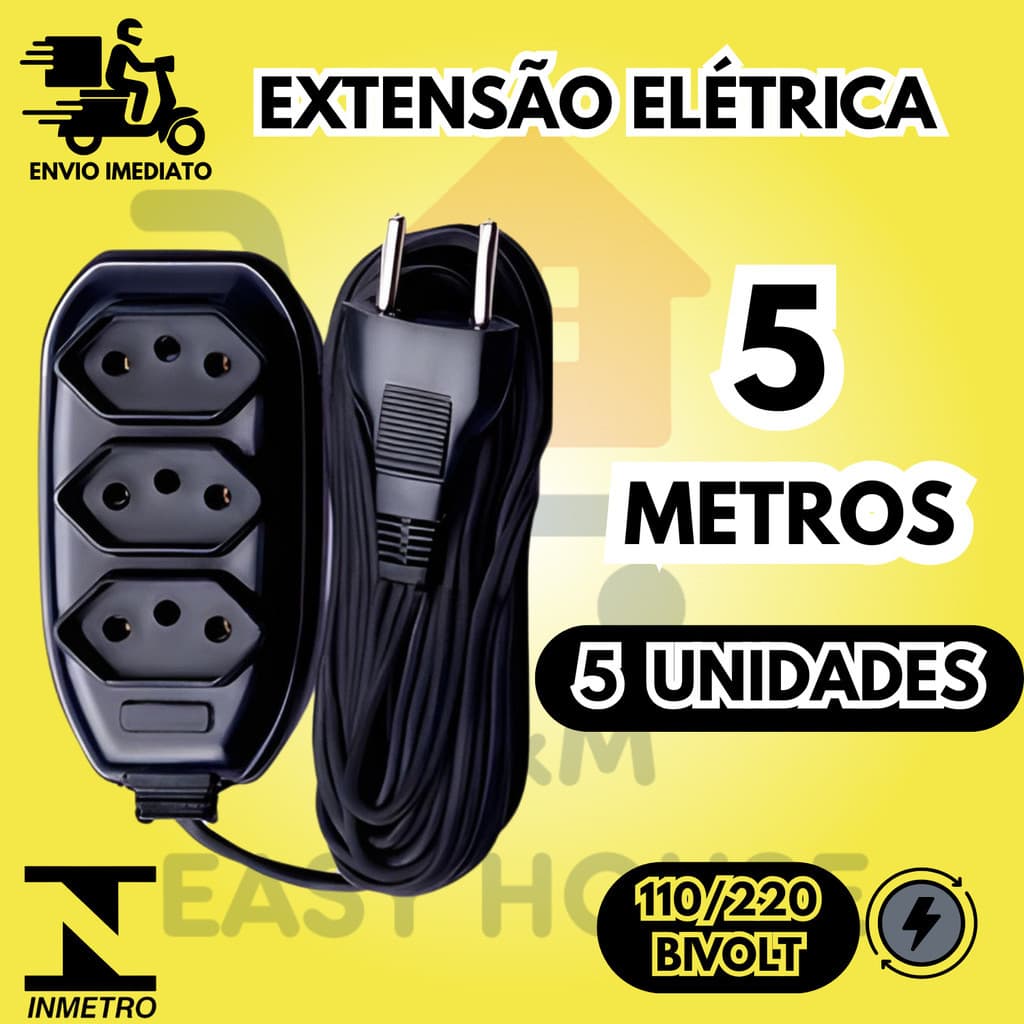 Kit 5 Extensão Elétrica 5 Metros 3 Tomadas Bivolt 110v 220v Ideal Para Alexa, TV, PC Cabo 5 Metros