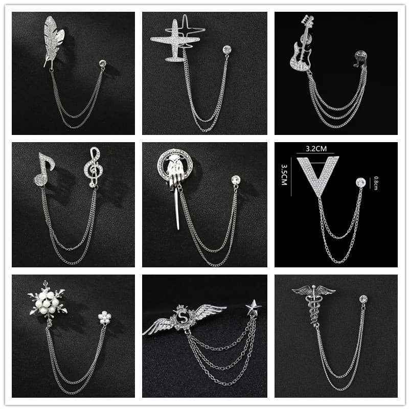 [Caixa de presente] Terno masculino broche de guitarra versão coreana broche de corrente terno broche de águia crachá si