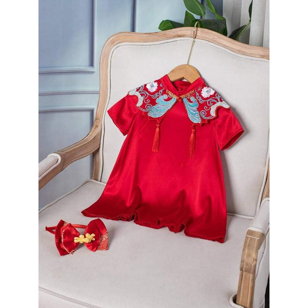 MorningDance Morning Dance Bebê Menina Vestido de Um Ano Infantil Crianças Vestido de Seda Vermelha Estilo Chinês Estilo