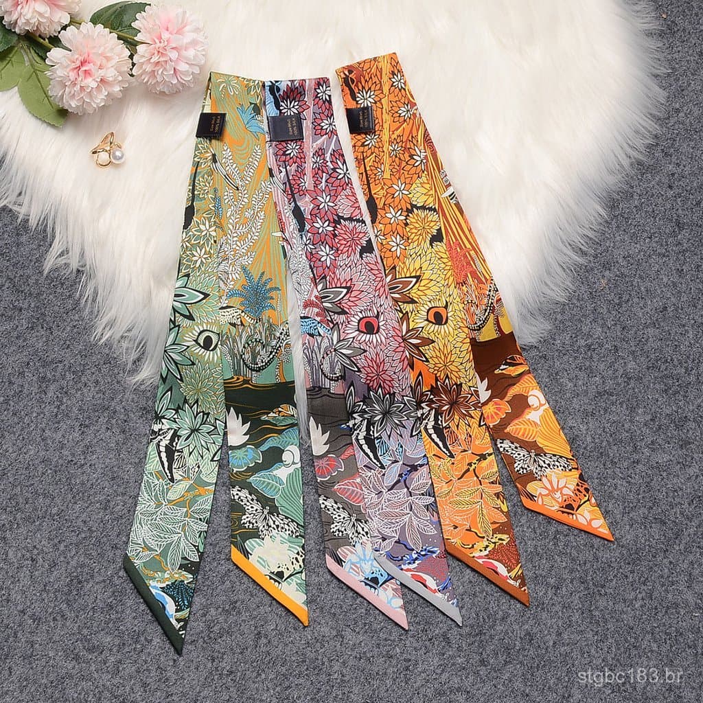 Lenço de seda de amoreira estilo francês com padrões de leopardo e florais, faixa de cabelo versátil para mulheres, laço