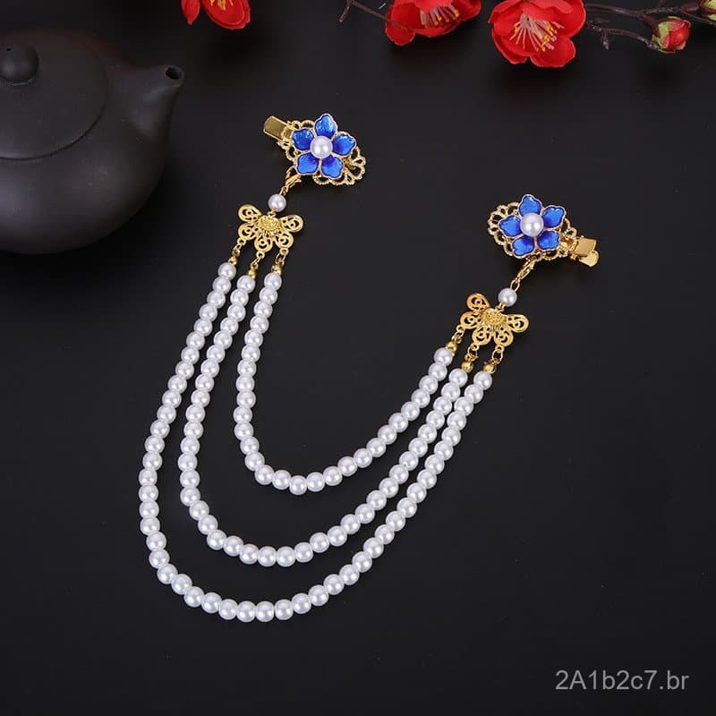 Acessórios de cabelo Hanfu antigos, grampos de cabelo estilo Ming, grampos de cabelo com cloisonné de pérolas estilo Son