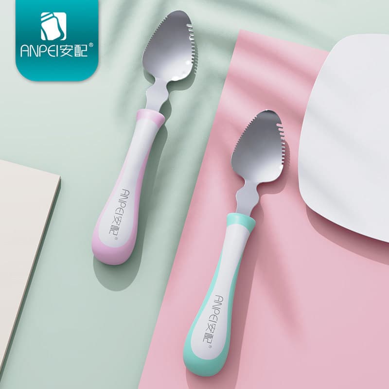 Colher de purê de maçã para raspagem de bebê equipada, aço inoxidável, colher para raspar frutas, ferramenta útil, mesa