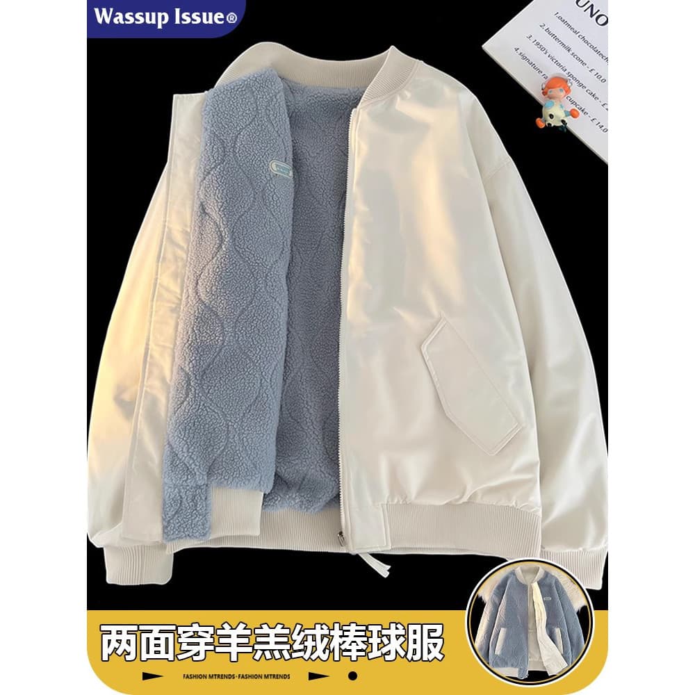 WASSUP ISSUE Jaqueta masculina acolchoada de algodão de lã de cordeiro dupla face estilo americano uniforme de beisebol