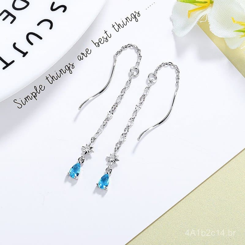 Brincos de zircônia azul em formato de gota d'água, estilo minimalista coreano, brincos que afinam o rosto, brincos requ
