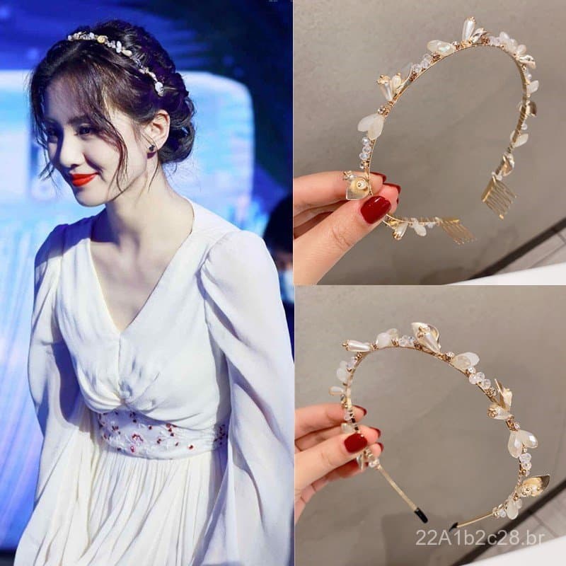 A mesma tiara de pérolas e strass em formato de folha de Liu Shishi, tiara elegante francesa, presilha de cabelo, acessó