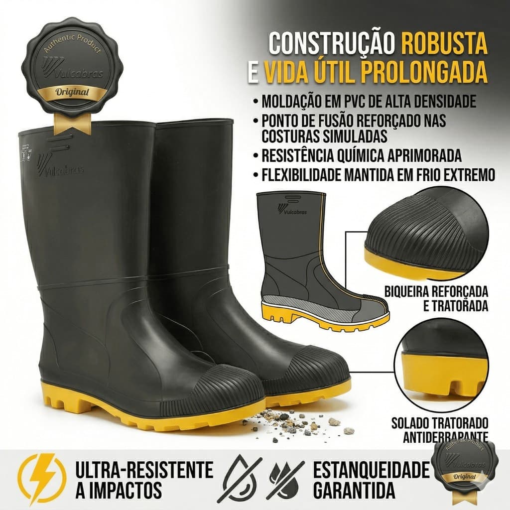 Bota Vulcabras Pvc Preta Com Solado Amarelo Galocha Para Motoboy  Para Chuva ifood Antiderrapante Impermeável