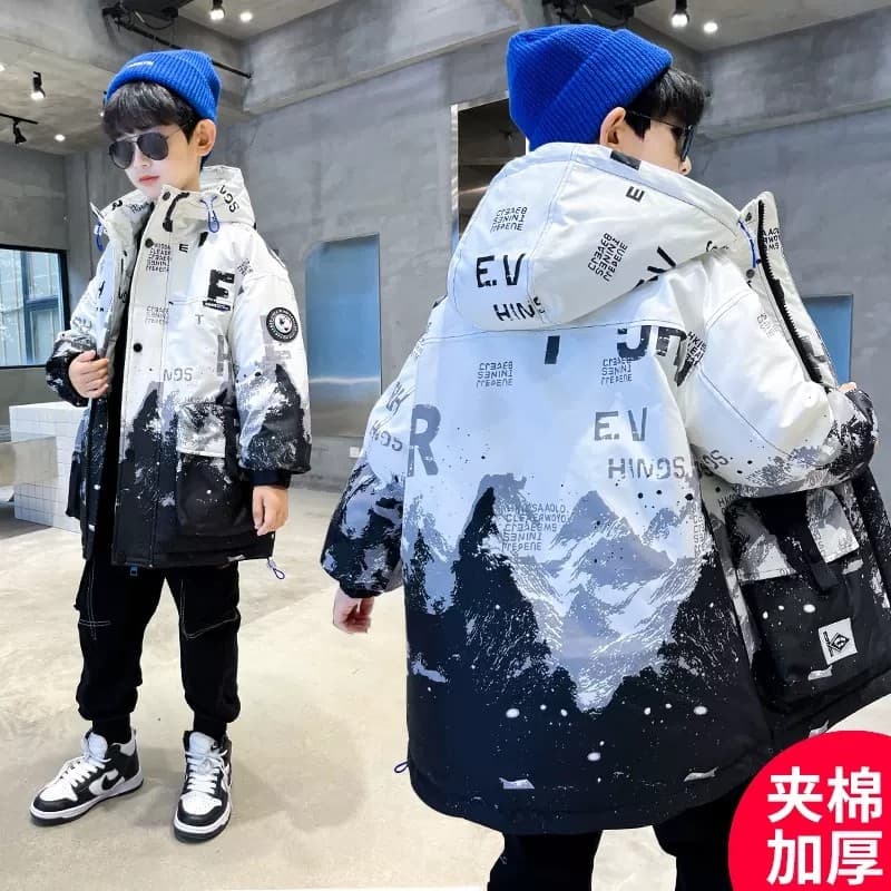Meninos outono inverno roupas grossas para baixo acolchoado jaqueta de comprimento médio 2025 novo estilo inverno médio