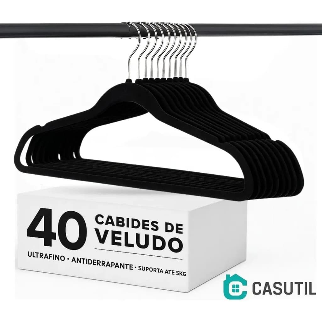Kit 40 Cabides Veludo De Roupa Antideslizante Slim Adulto Cor Preto