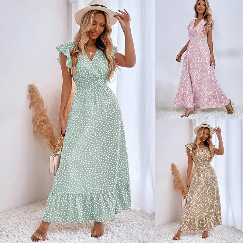 Roupas femininas 2025 primavera verão com decote em V cintura estreita saia longa manga folha de lótus cintura alta