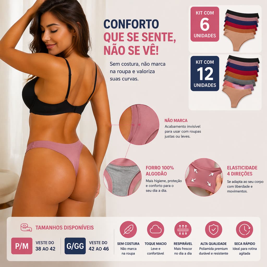 Calcinhas Tanga Feminina Sem Costura em Poliamida Kit 6 ou 12 Unidades Confortável Não Marca Roupa