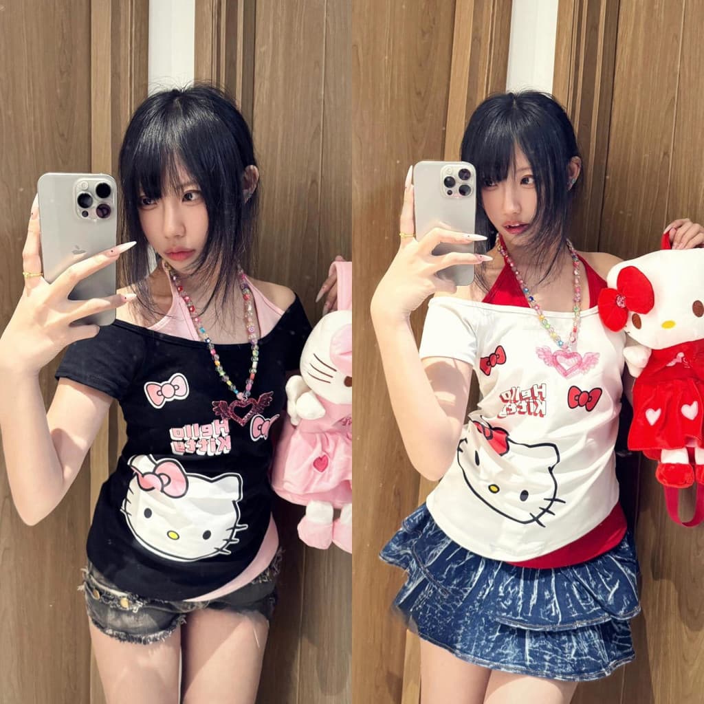 Americano Retro Pescoço Pendurado Falso Dois Hello Kitty Ombro Design Versátil Topo Feminino