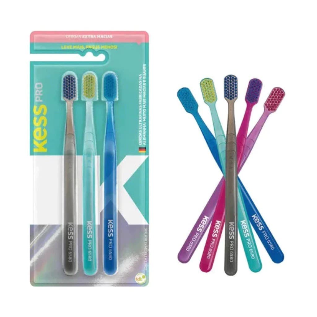 Kit Escova de Dente Kess Pro 6580 | Pack com 3 Unidades | Cerdas Extra Macias | 2109