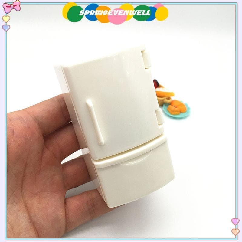 [springevenwell] 1/12 Casa De Bonecas Geladeira Branca Com Conjunto De Alimentos Brinquedos De Cozinha Móveis Em Miniatu
