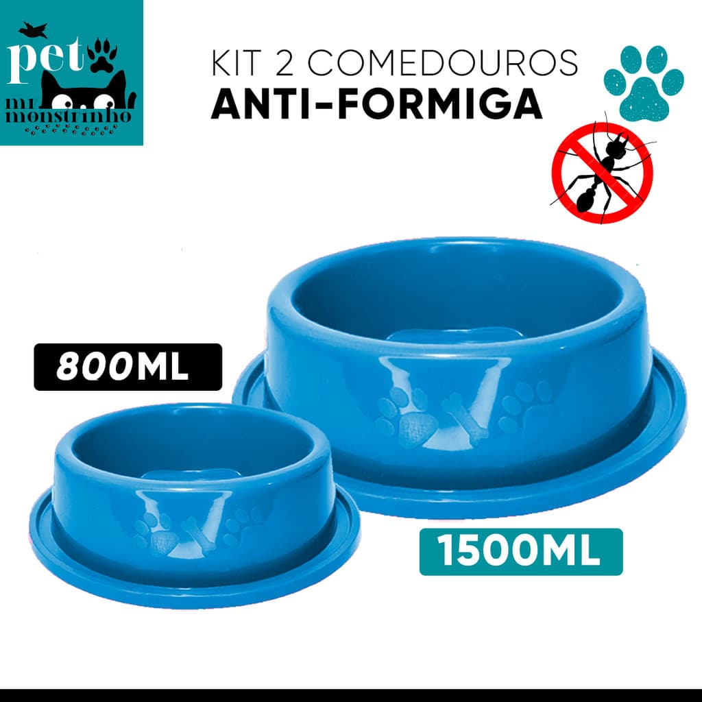 Kit 2 Comedouro Bordas Anti Formiga Cachorro Pote Vasilha para Água e Ração 800ml 1500ml Azul