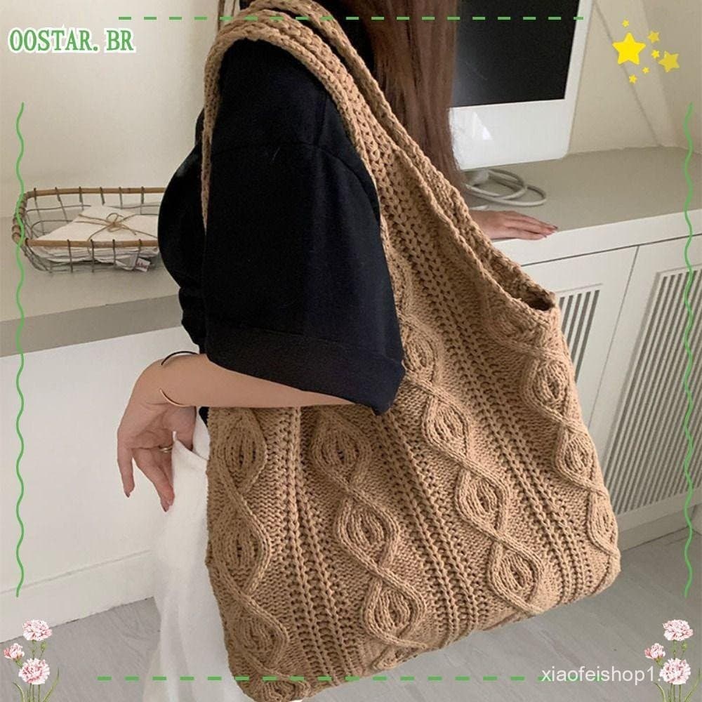 OOSTAR Women Bolsas De Ombro , Bolsa De Crochê De Tecido Oco , Tricô De Grande Capacidade De Cor Sólida Retro