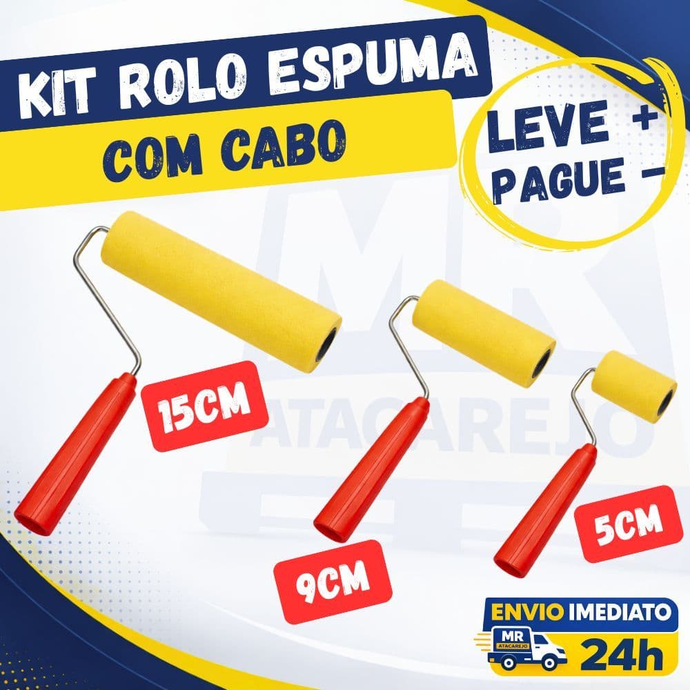 Kit 3 Rolos Pintura Espuma 5cm 9cm e 15cm com Cabo Suporte Garfo Roma