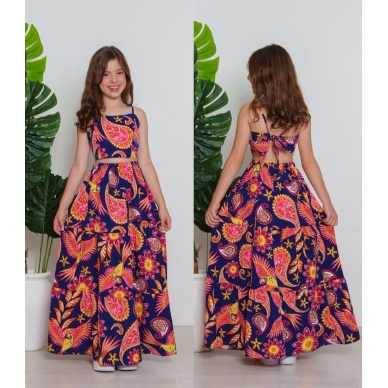 Conjunto Longo Infantil Juvenil Cropped Regata + Saia Longa  Estampada