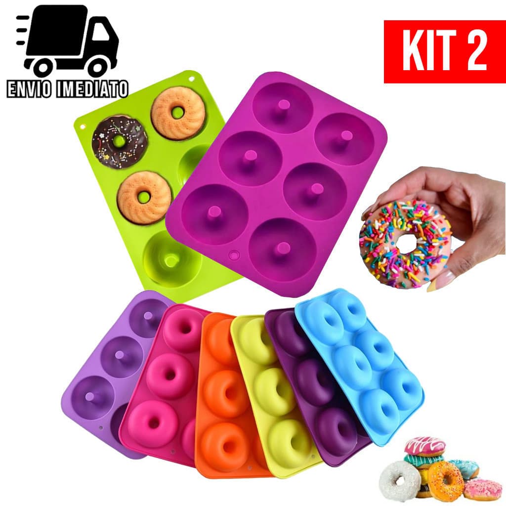 Kit 2 Forma de Donuts Antiaderente Colorida Molde de Rosquinhas Doces Silicone para Cozinha Multiuso