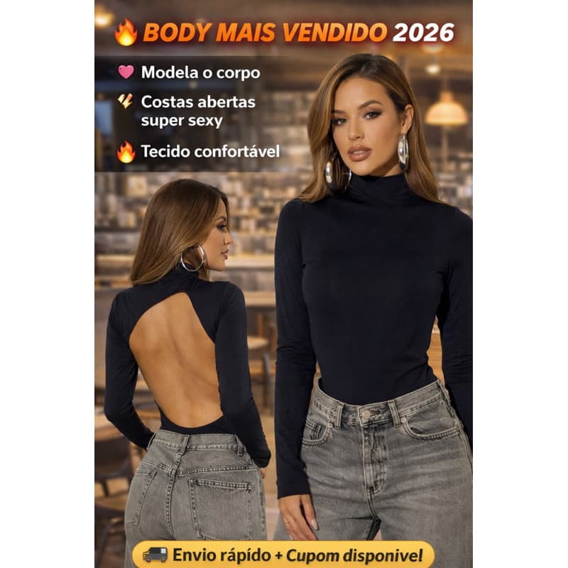 Body Feminino Manga Longa Gola Alta Costas Abertas | Body Preto Elegante Modelador Moda Tendência 2026 Casual Blogueira