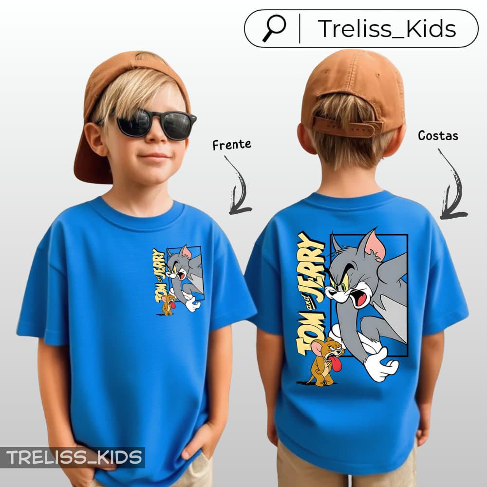 Camiseta Infantil Tom E Jerry Escrita 100% Algodão Frente e Costas Menino