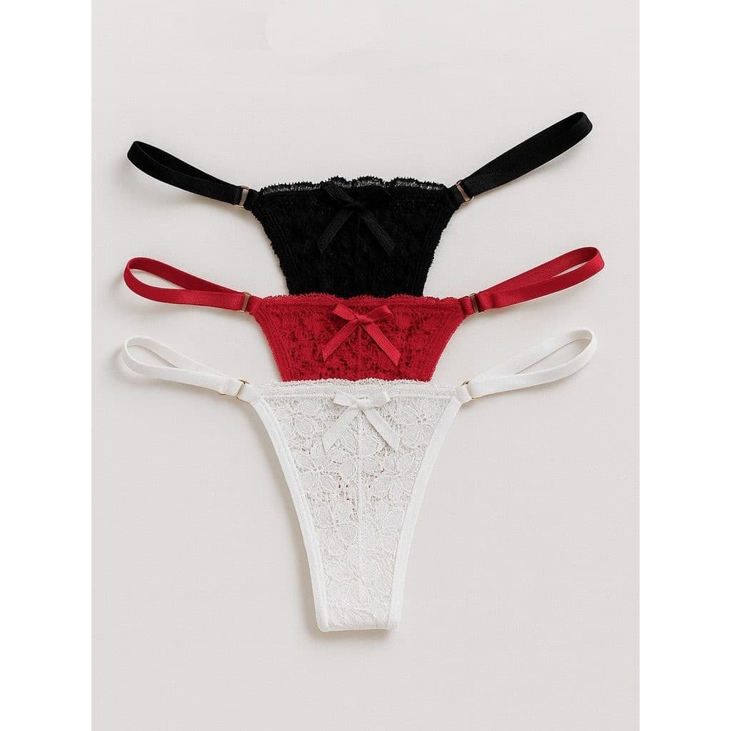 Kit 3 Calcinha Renda Sensual Fio Dental Duplo com Regulagem nas Laterais
