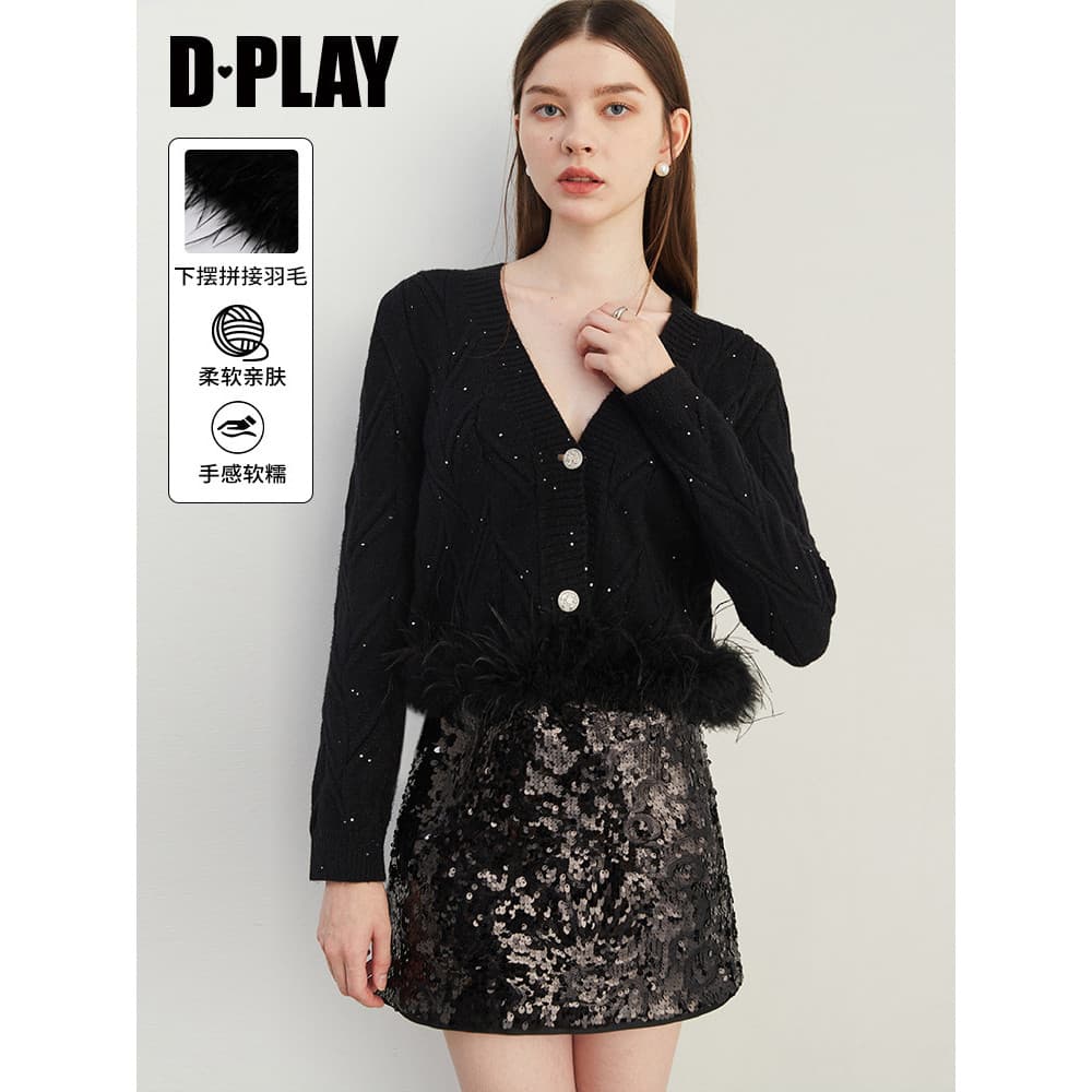 DPLAY Primavera Novo Estilo Suéter Preto Feminino Pena Costura Suéter Francês Lantejoulas Top Curto