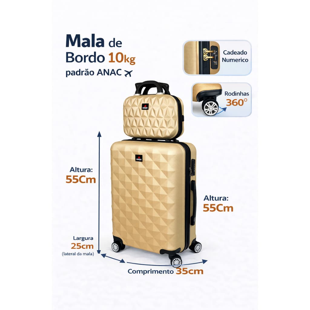 Kit Mala de viagem 10kg para bordo de avião padrao anac 55x35x25 + frasqueira de mão  em Fibra Abs