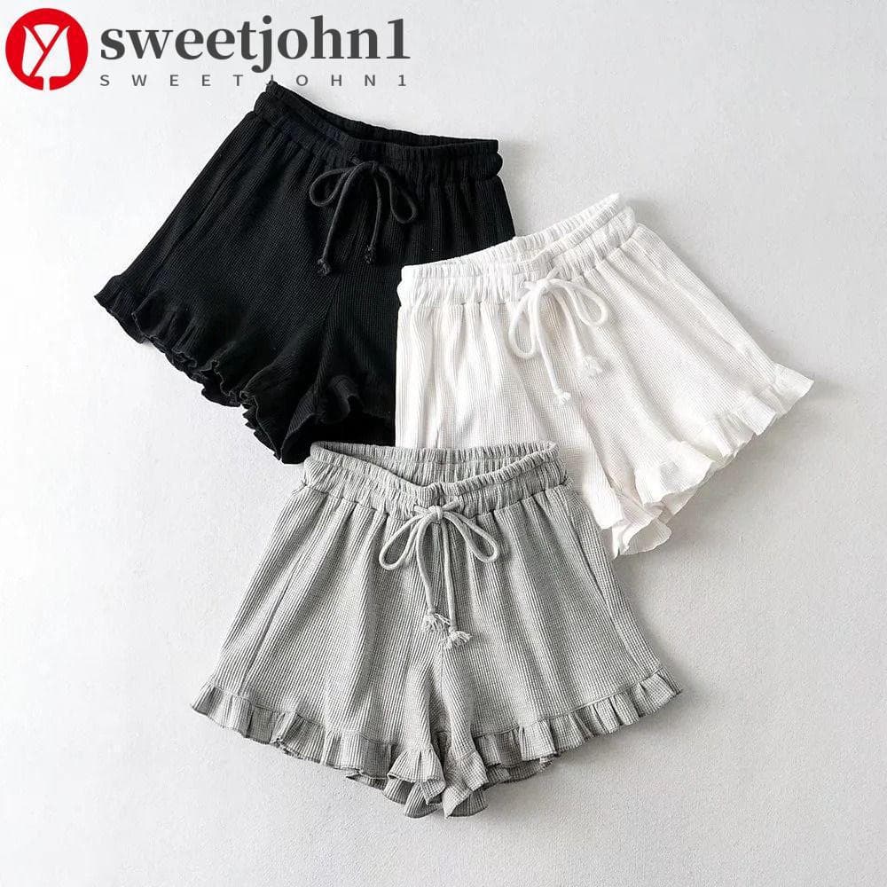 SWEETJOHN1 Shorts Doces Com Babados , Estilo Ins , Femininos Cordão De Tamanho Grande , Calças Curtas Soltas De Pernas L