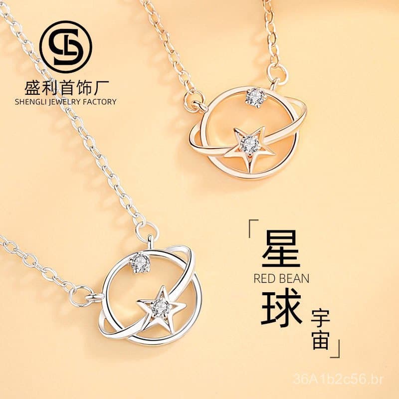 Colar de prata esterlina s925 com tema de planeta e universo para mulheres, corrente para clavícula, estilo coreano, per