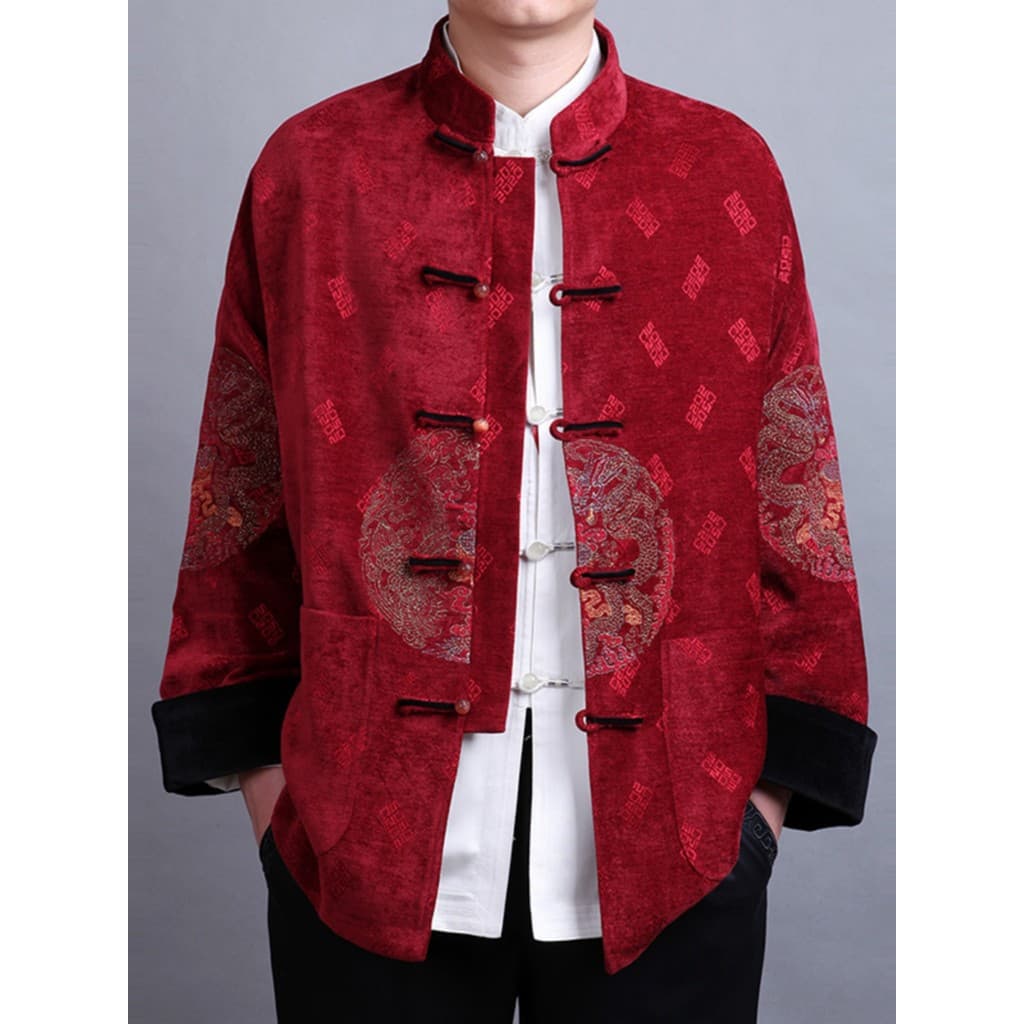 High-End roupas masculinas chinesas banquete terno Tang terno jaqueta outono inverno manga vermelho topo pai terno de ca