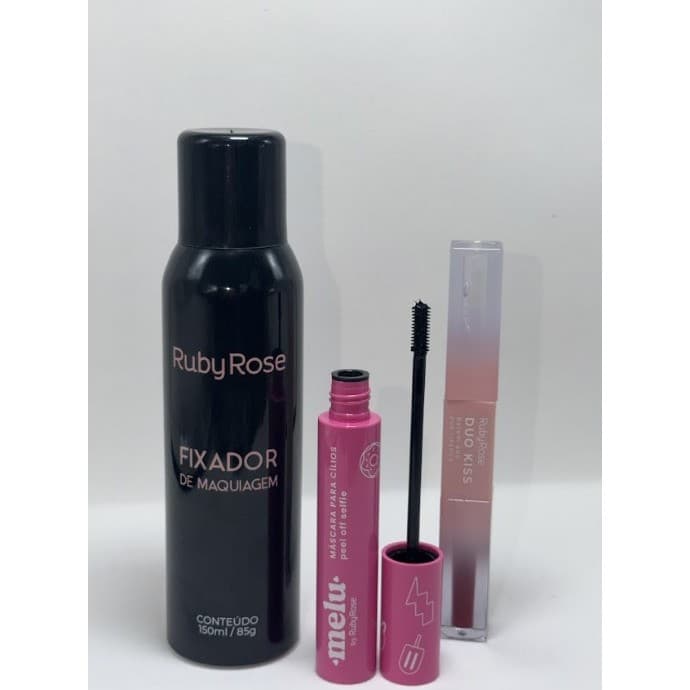 Kit Make Perfeita Dia dos Namorados Longa Duração Ruby Rose - Batom Duo Kiss + Fixador + Rimel Melu Poucas Unidades