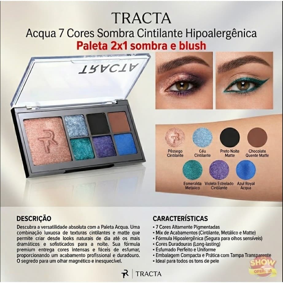 Paleta De Sombras Tracta Acqua Palette 2 em 1 Sombra E Blush Alta Pigmentação Original