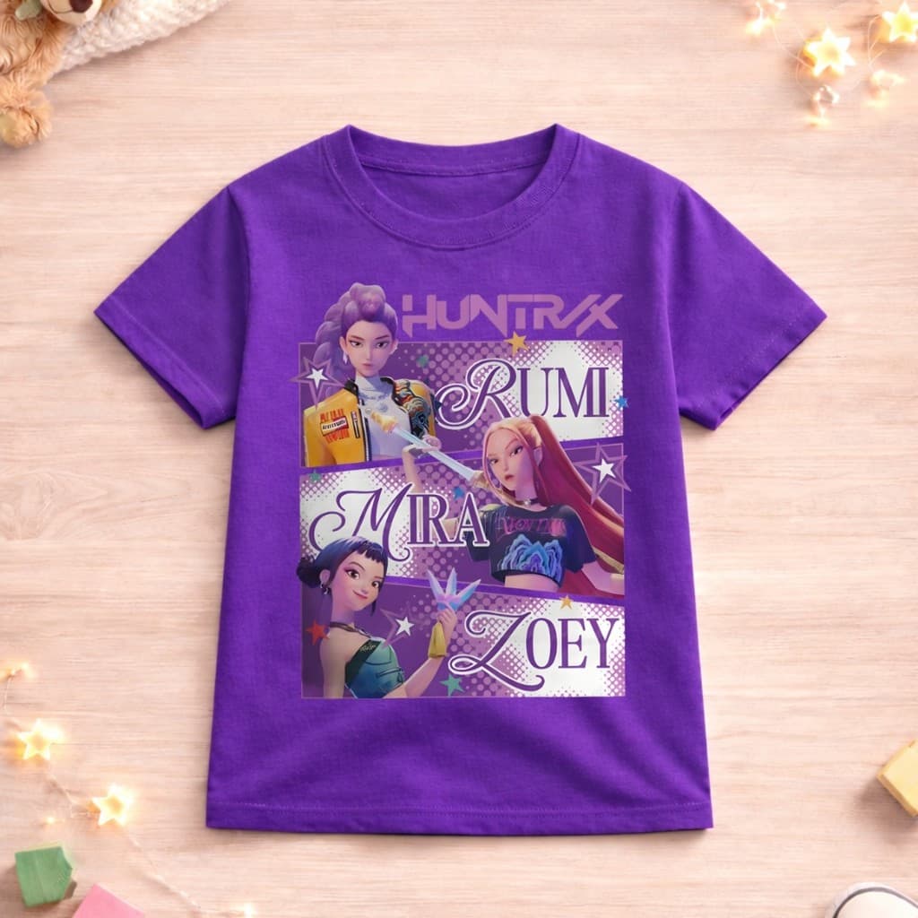 Camiseta Infantil Huntrix Kpop Guerreiras do Kpop Zoe Mira e Rumi Algodão Premium