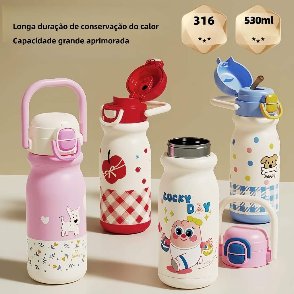Garrafinha Térmica Infantil Portátil 500ml com Alça e Canudo - Design Fofo Kawaii Copo Em Aço inox