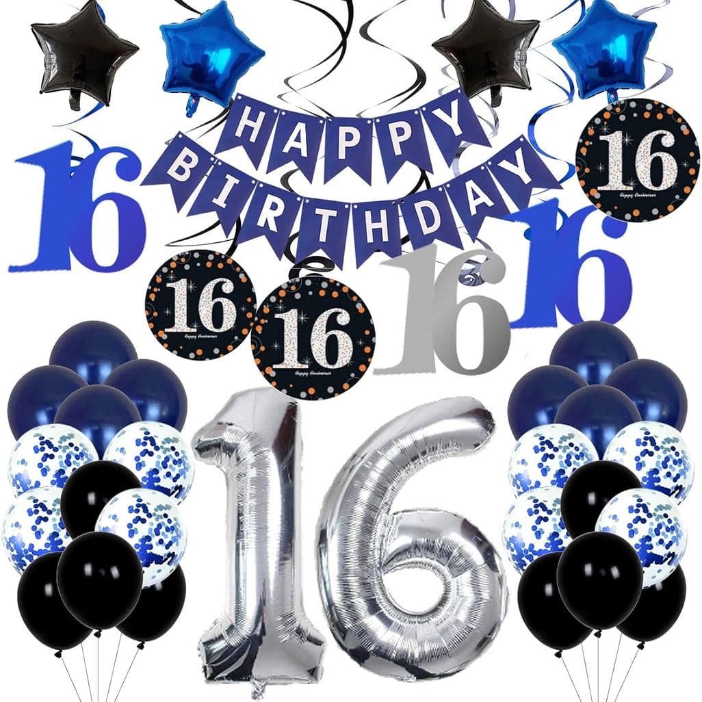 Decorações De 16o Aniversário Para Meninos E Meninas Azul Escuro , Banner De Feliz , Balões Prateados Número 16 , Festa