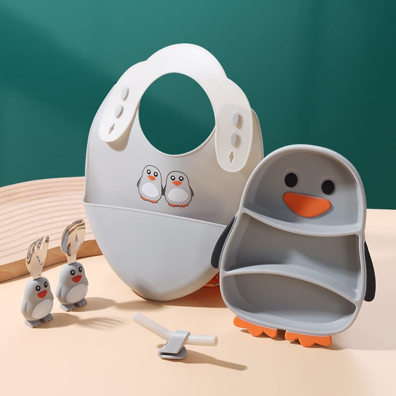 Pinguim Prato De Silicone Para Crianças Conjunto De Jantar Ventosa Alimentação Com Louça De Mesa De Aço Inoxidável 304 A