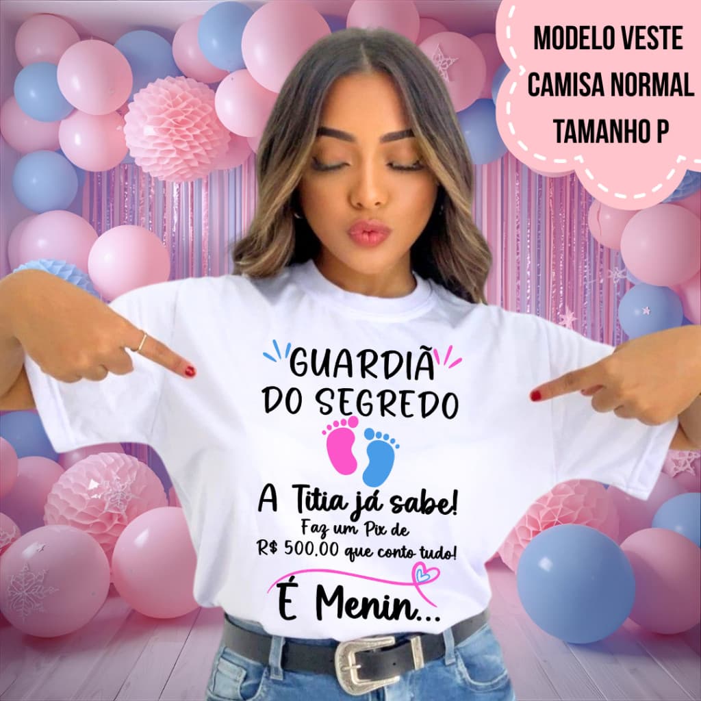 Camisa Chá Revelação Guardiã Do Segredo Titia Já Sabe Pezinhos Rosa E Azul TITIA AMA