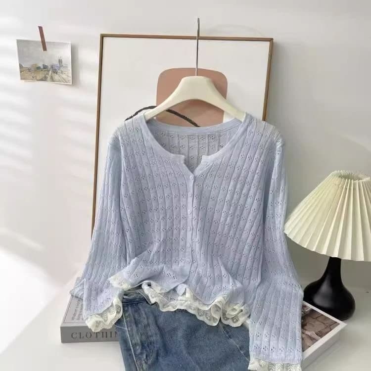 Cardigan de malha oco de manga comprida feminino novo estilo All-Match moda redutora de idade