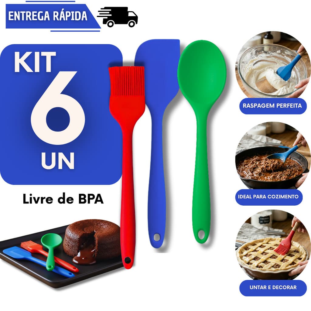 Jogo 6 Peças Silicone Espátula mais Colher mais Pincel Culinário Flexível Utensílios Cozinha Espátulas Colheres