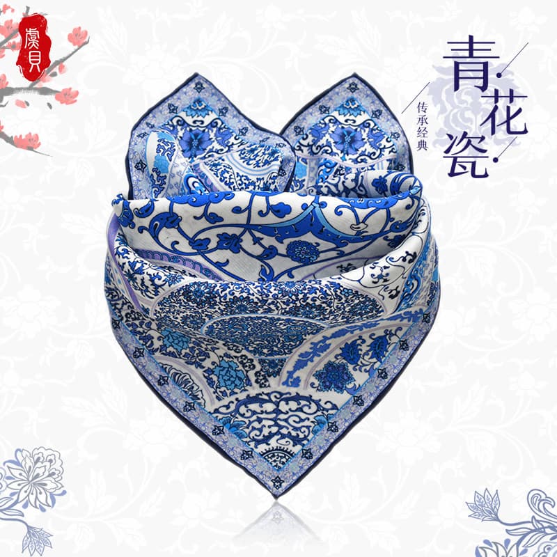 Estilo chinês azul branco porcelana lenço de seda pequeno lenço quadrado estilo étnico estilo chinês pequeno presente le
