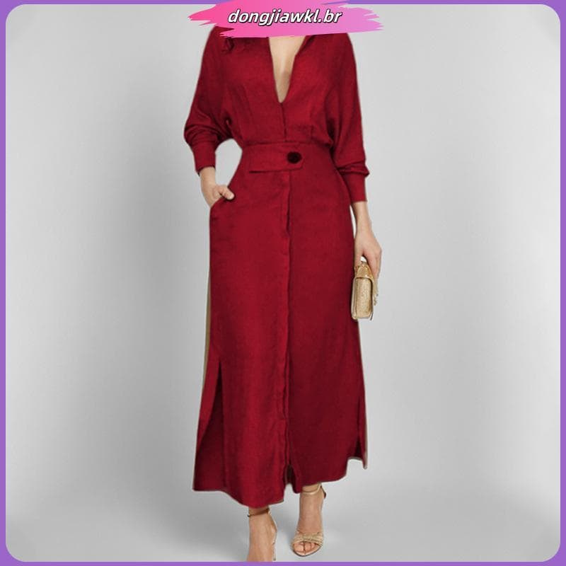 Elegante Vestido Fino De Manga Longa Cor Sólida