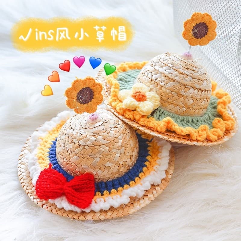 Ins estilo ~ animal de estimação bonito chapéu de palha de malha flor chapéu gato cachorro vestir-se cocar foto Bichon C