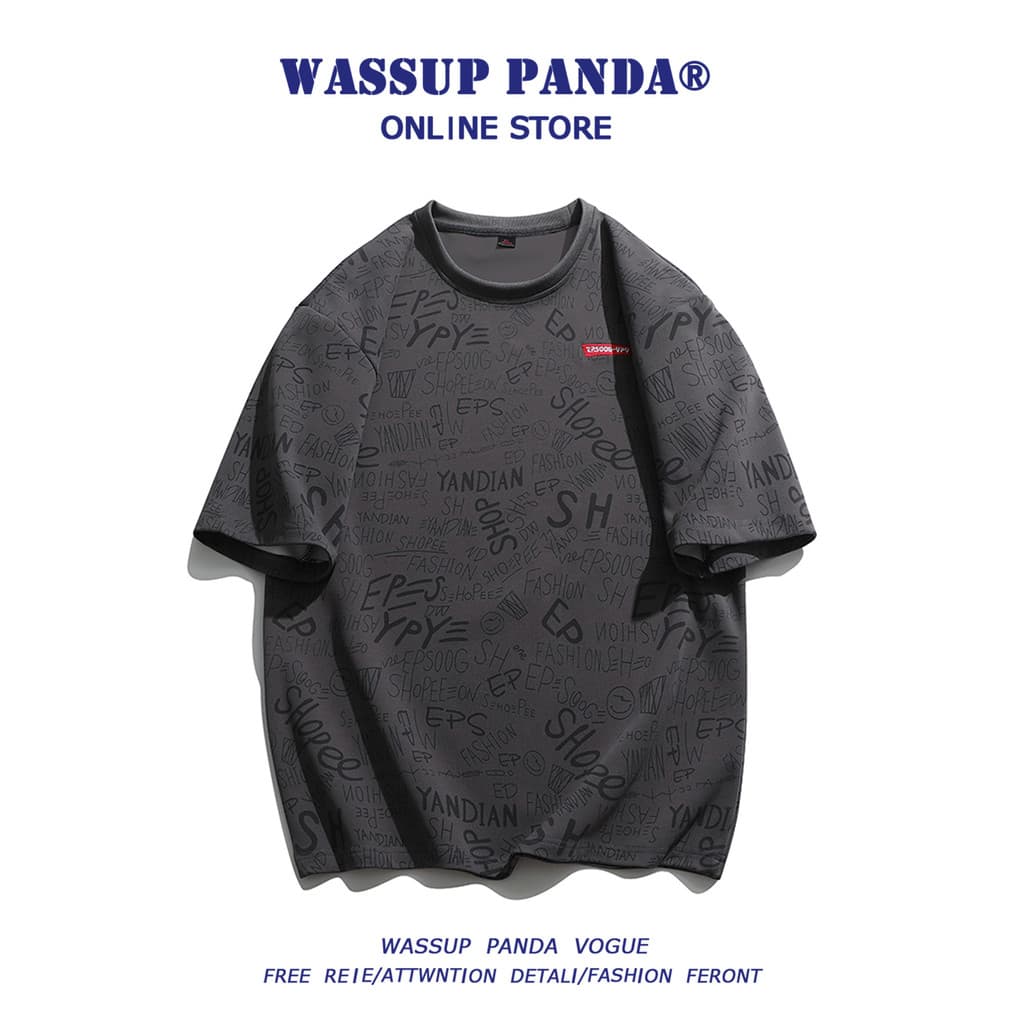 WASSUP PANDA Carta Impressão Completa Camiseta de Manga Curta Masculina Verão Seda Gelo Legal Casual Solta Meia Manga To