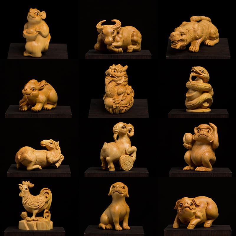 Caixa de madeira escultura zodíaco lidar com peça rato boi tigre coelho dragão cobra cavalo ovelha macaco frango cão por