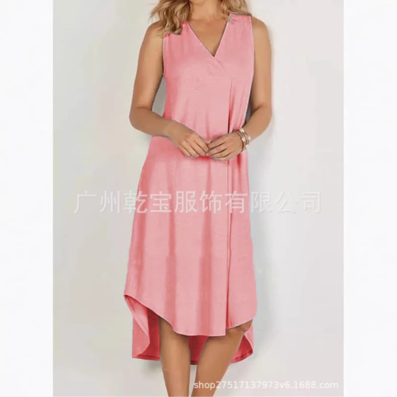 Uma peça pode ser feita 2025 novo estilo pronto estoque feminino cor sólida com decote em V sem mangas vestido longo Cas