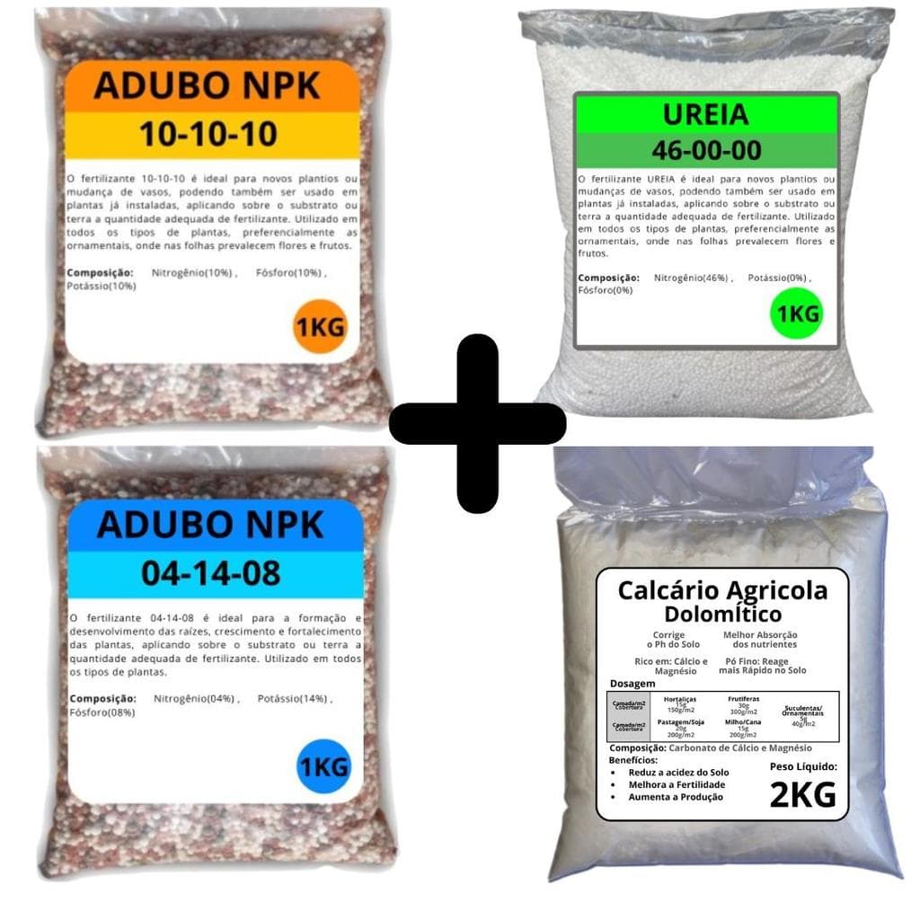 Kit Cultivo NPK 101010 + 041408 + Ureia + Calcario Agricola - Kit Adubo para Plantas, Hortas e Jardins